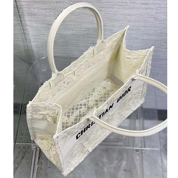 Dior Women CD Medium Book Tote White Multicolor D-Lace Embroidery Macramé Effect