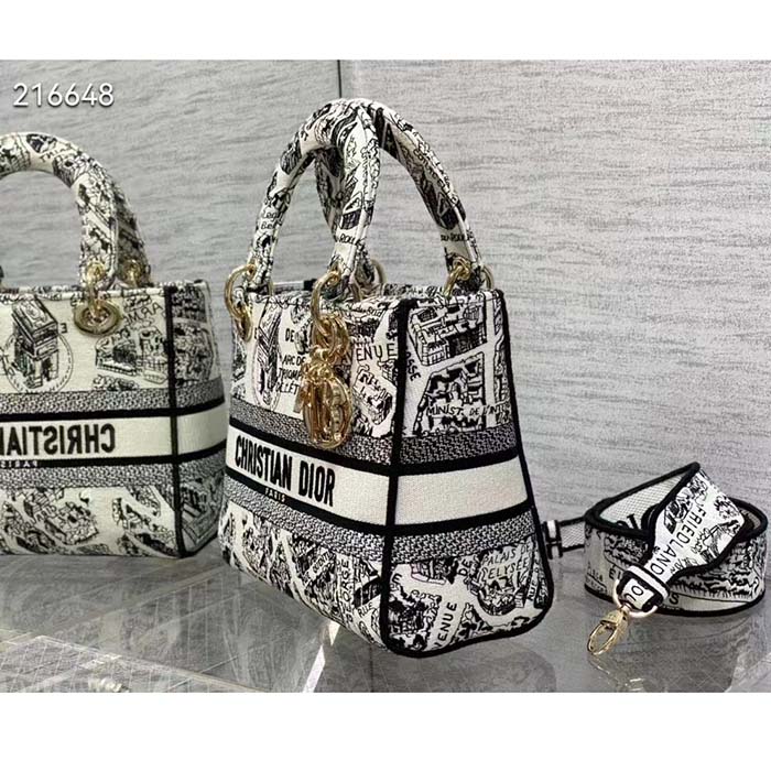 Dior Women CD Medium Lady D-Lite Bag White Black Plan De Paris Embroidery