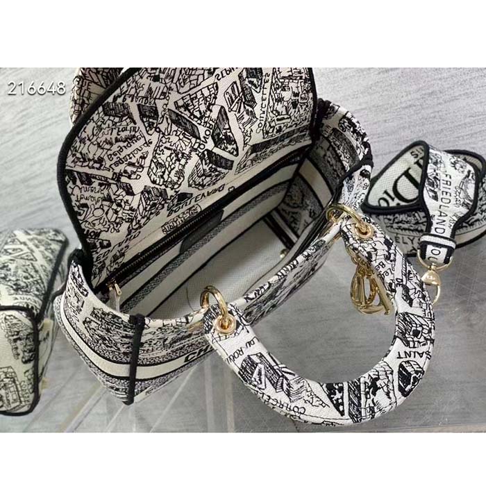 Dior Women CD Medium Lady D-Lite Bag White Black Plan De Paris Embroidery