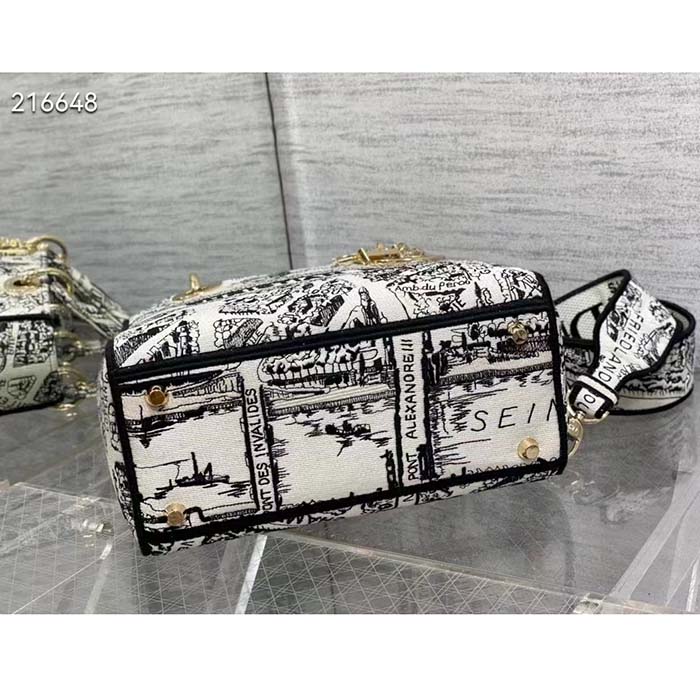 Dior Women CD Medium Lady D-Lite Bag White Black Plan De Paris Embroidery