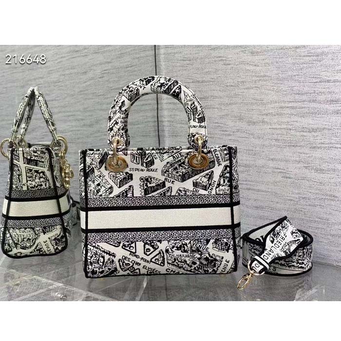 Dior Women CD Medium Lady D-Lite Bag White Black Plan De Paris Embroidery