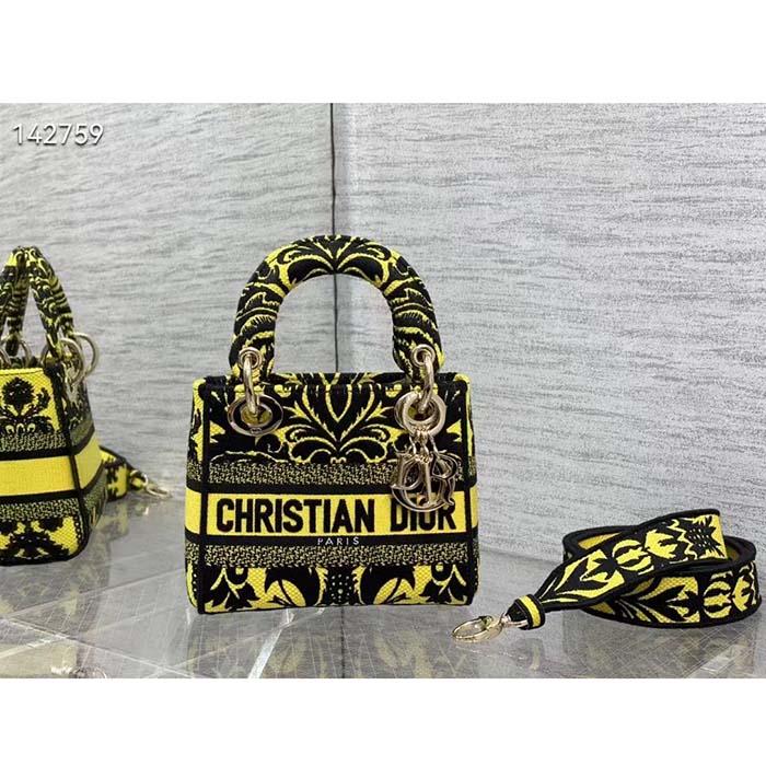 Dior Women CD Mini Lady D-Lite Bag Yellow Multicolor Ornamental Embroidery