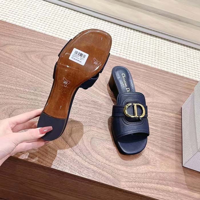 Dior Women CD Sandals 30 Montaigne Heeled Slide Black Calfskin Tonal Edge Dye