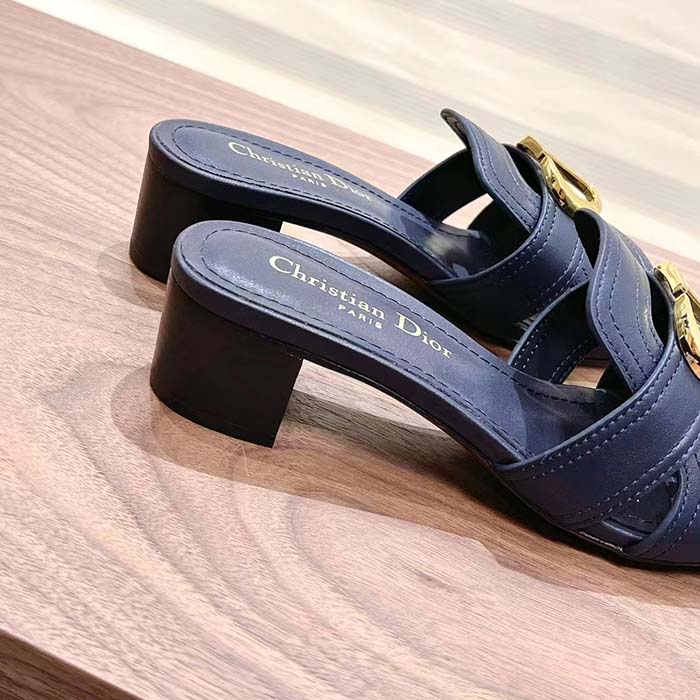 Dior Women CD Sandals 30 Montaigne Heeled Slide Black Calfskin Tonal Edge Dye