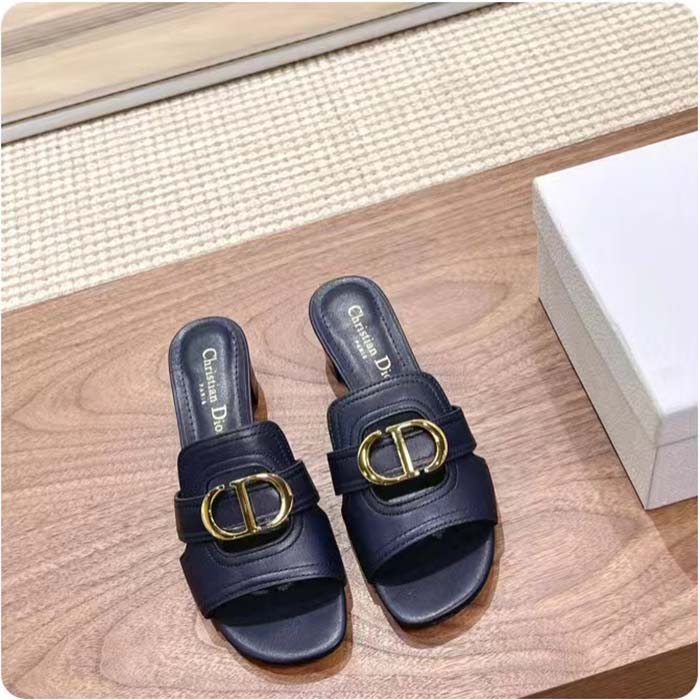 Dior Women CD Sandals 30 Montaigne Heeled Slide Black Calfskin Tonal Edge Dye