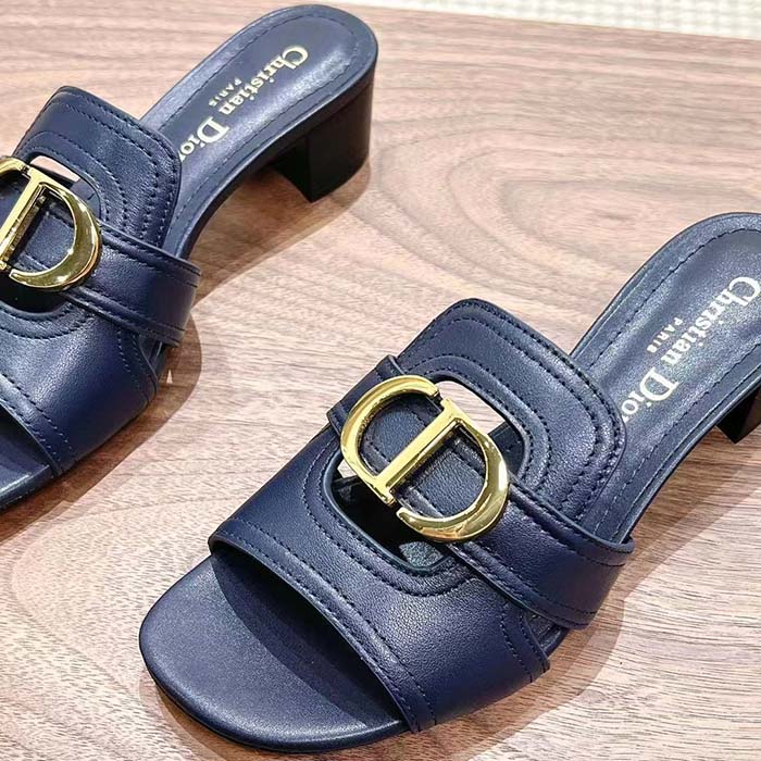 Dior Women CD Sandals 30 Montaigne Heeled Slide Black Calfskin Tonal Edge Dye
