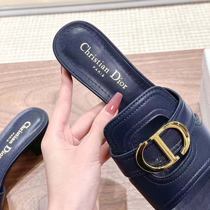 Dior Women CD Sandals 30 Montaigne Heeled Slide Black Calfskin Tonal Edge Dye