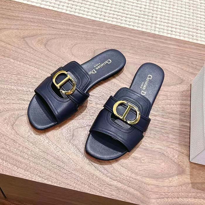 Dior Women CD Sandals 30 Montaigne Slide Black Calfskin Tonal Edge Dye