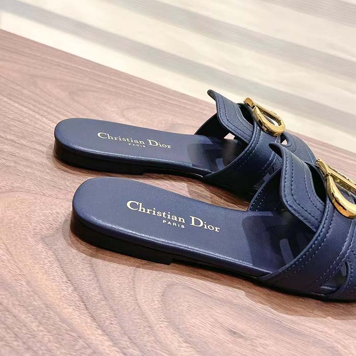 Dior Women CD Sandals 30 Montaigne Slide Black Calfskin Tonal Edge Dye