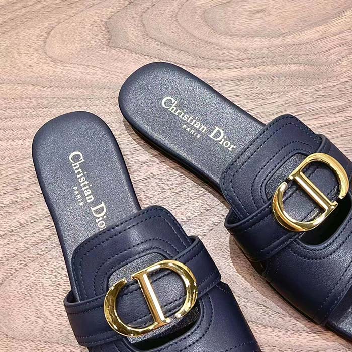 Dior Women CD Sandals 30 Montaigne Slide Black Calfskin Tonal Edge Dye