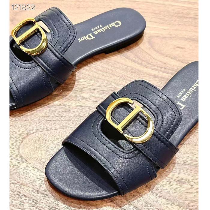 Dior Women CD Sandals 30 Montaigne Slide Black Calfskin Tonal Edge Dye