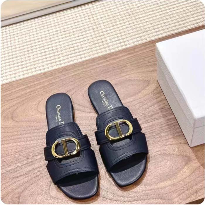 Dior Women CD Sandals 30 Montaigne Slide Black Calfskin Tonal Edge Dye