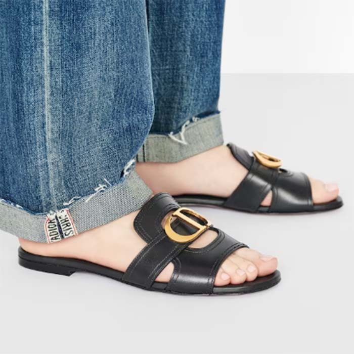 Dior Women CD Sandals 30 Montaigne Slide Black Calfskin Tonal Edge Dye