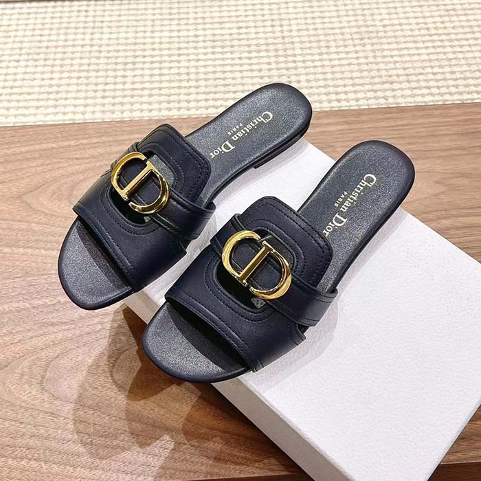 Dior Women CD Sandals 30 Montaigne Slide Black Calfskin Tonal Edge Dye