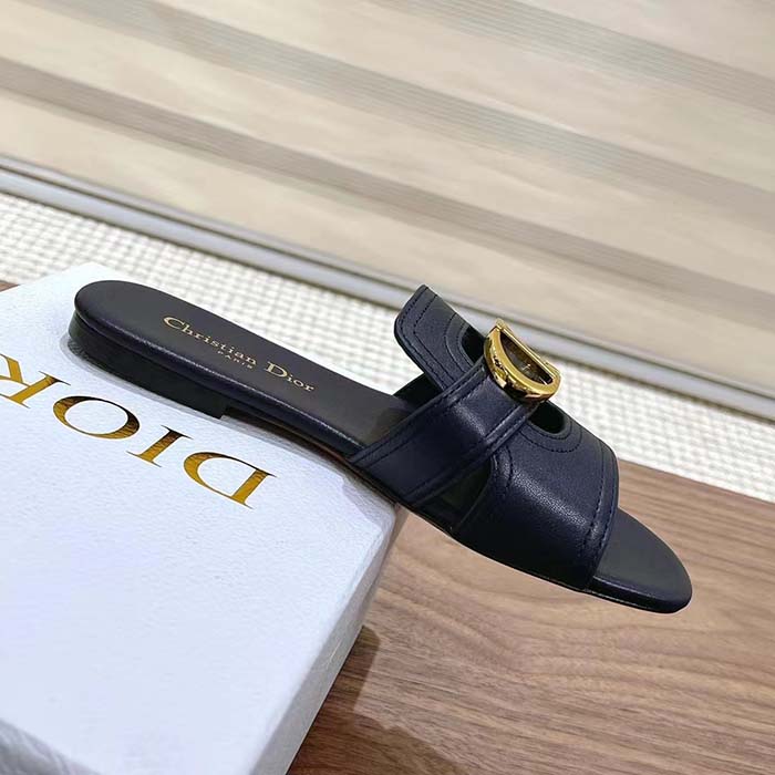 Dior Women CD Sandals 30 Montaigne Slide Black Calfskin Tonal Edge Dye
