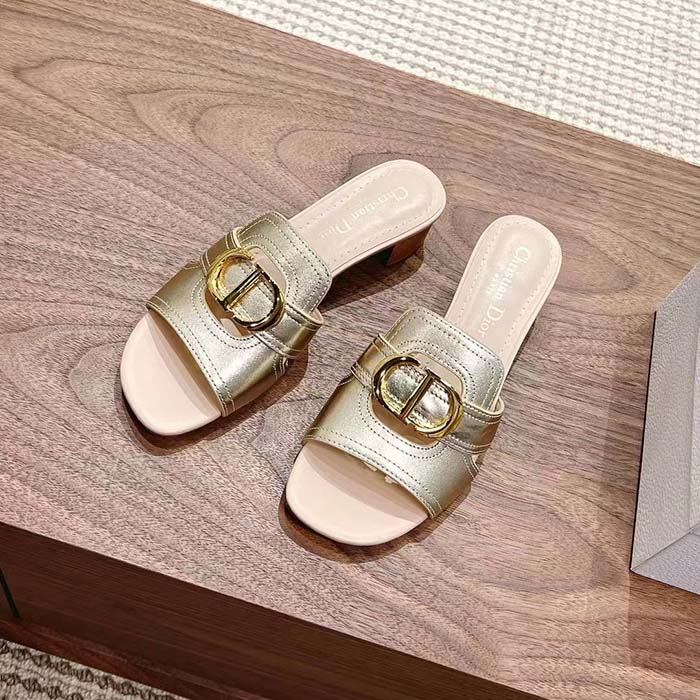 Dior Women CD Sandals Or 30 Montaigne Heeled Slide Platinum-Tone Metallic Calfskin