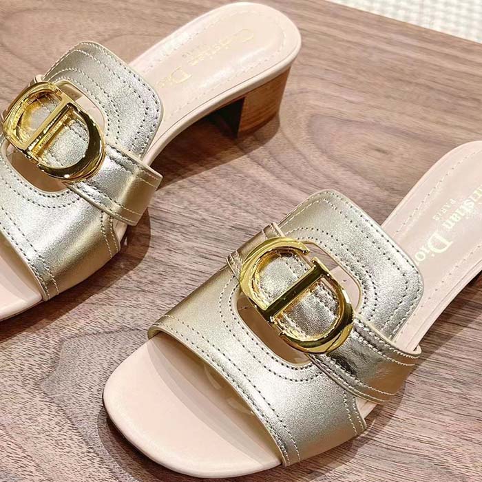 Dior Women CD Sandals Or 30 Montaigne Heeled Slide Platinum-Tone Metallic Calfskin