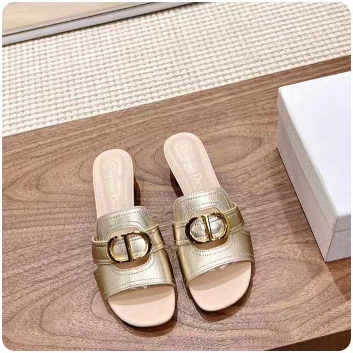 Dior Women CD Sandals Or 30 Montaigne Heeled Slide Platinum-Tone Metallic Calfskin