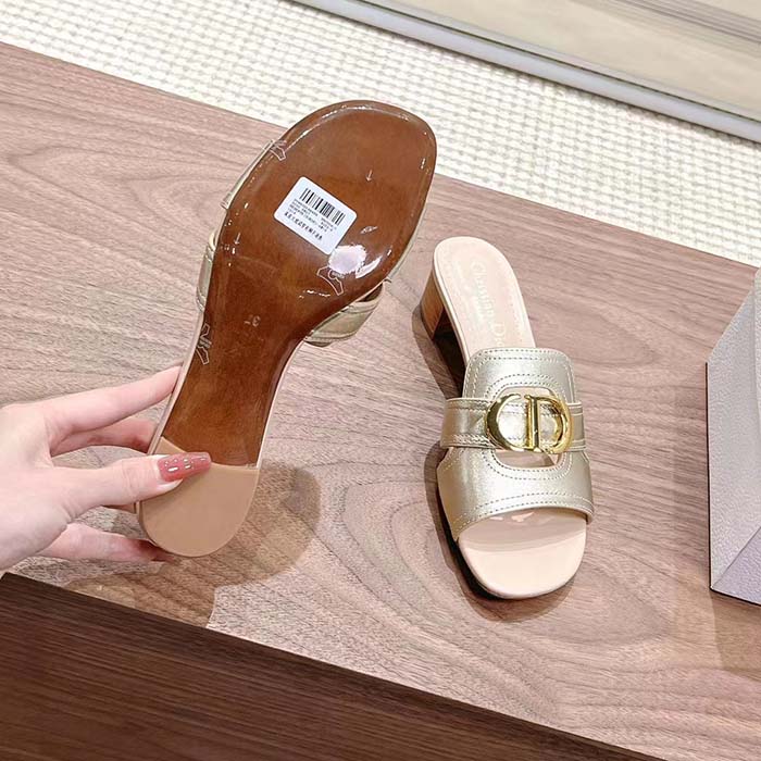 Dior Women CD Sandals Or 30 Montaigne Heeled Slide Platinum-Tone Metallic Calfskin