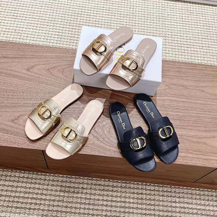 Dior Women CD Sandals 30 Montaigne Slide Black Calfskin Tonal Edge Dye