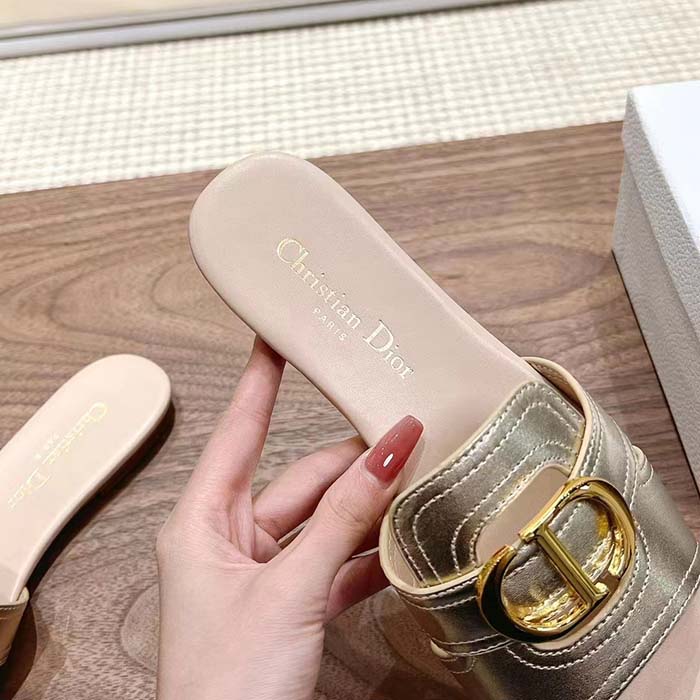 Dior Women CD Sandals Or 30 Montaigne Slide Platinum-Tone Metallic Calfskin
