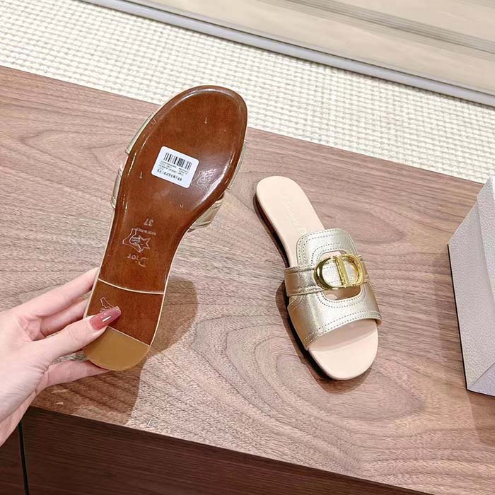 Dior Women CD Sandals Or 30 Montaigne Slide Platinum-Tone Metallic Calfskin