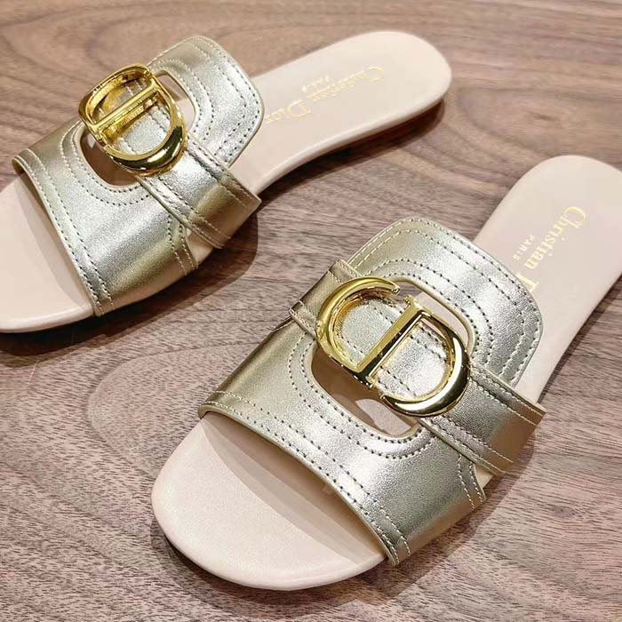Dior Women CD Sandals Or 30 Montaigne Slide Platinum-Tone Metallic Calfskin