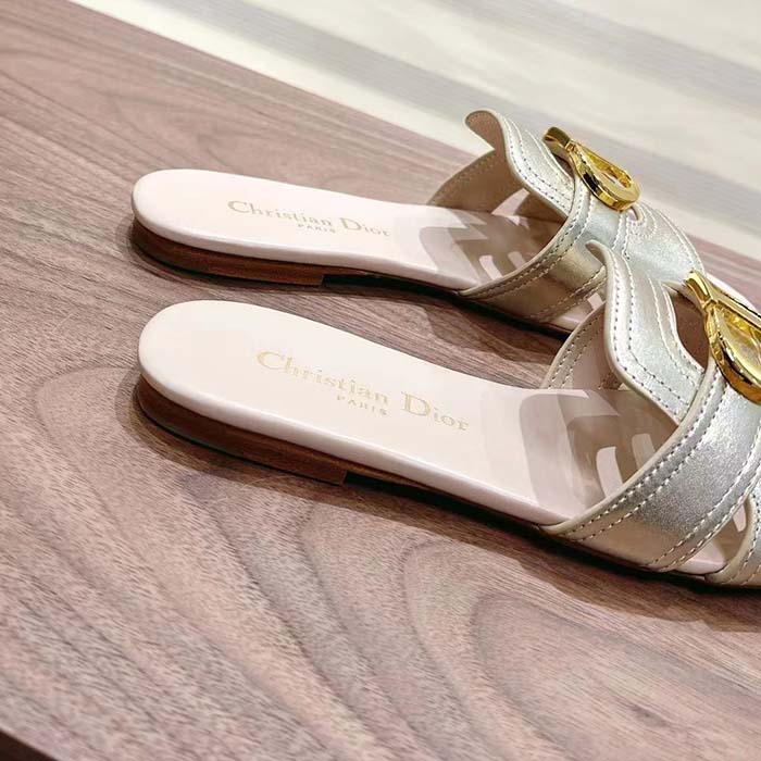 Dior Women CD Sandals Or 30 Montaigne Slide Platinum-Tone Metallic Calfskin