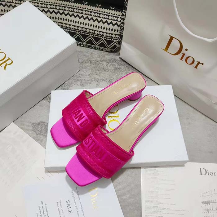 Dior Women Shoes Dway Heeled Slide Rani Pink Embroidered Satin Cotton