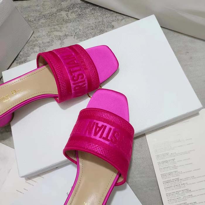 Dior Women Shoes Dway Heeled Slide Rani Pink Embroidered Satin Cotton