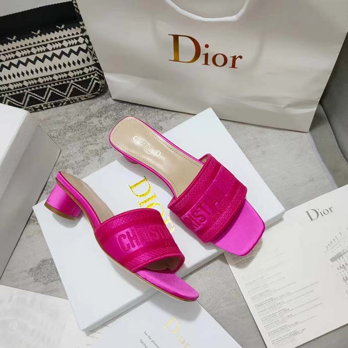 Dior Women Shoes Dway Heeled Slide Rani Pink Embroidered Satin Cotton