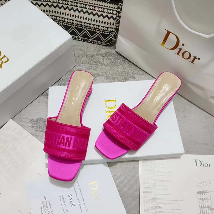 Dior Women Shoes Dway Heeled Slide Rani Pink Embroidered Satin Cotton