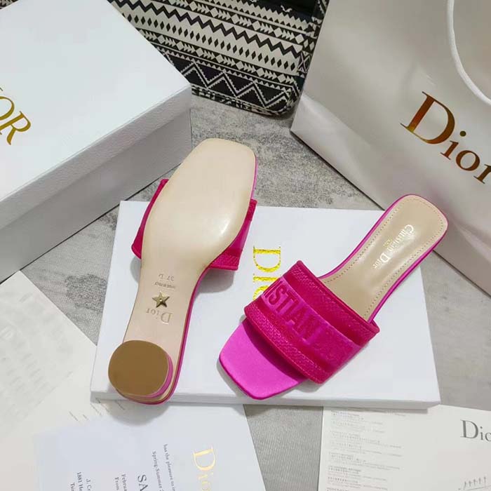 Dior Women Shoes Dway Heeled Slide Rani Pink Embroidered Satin Cotton