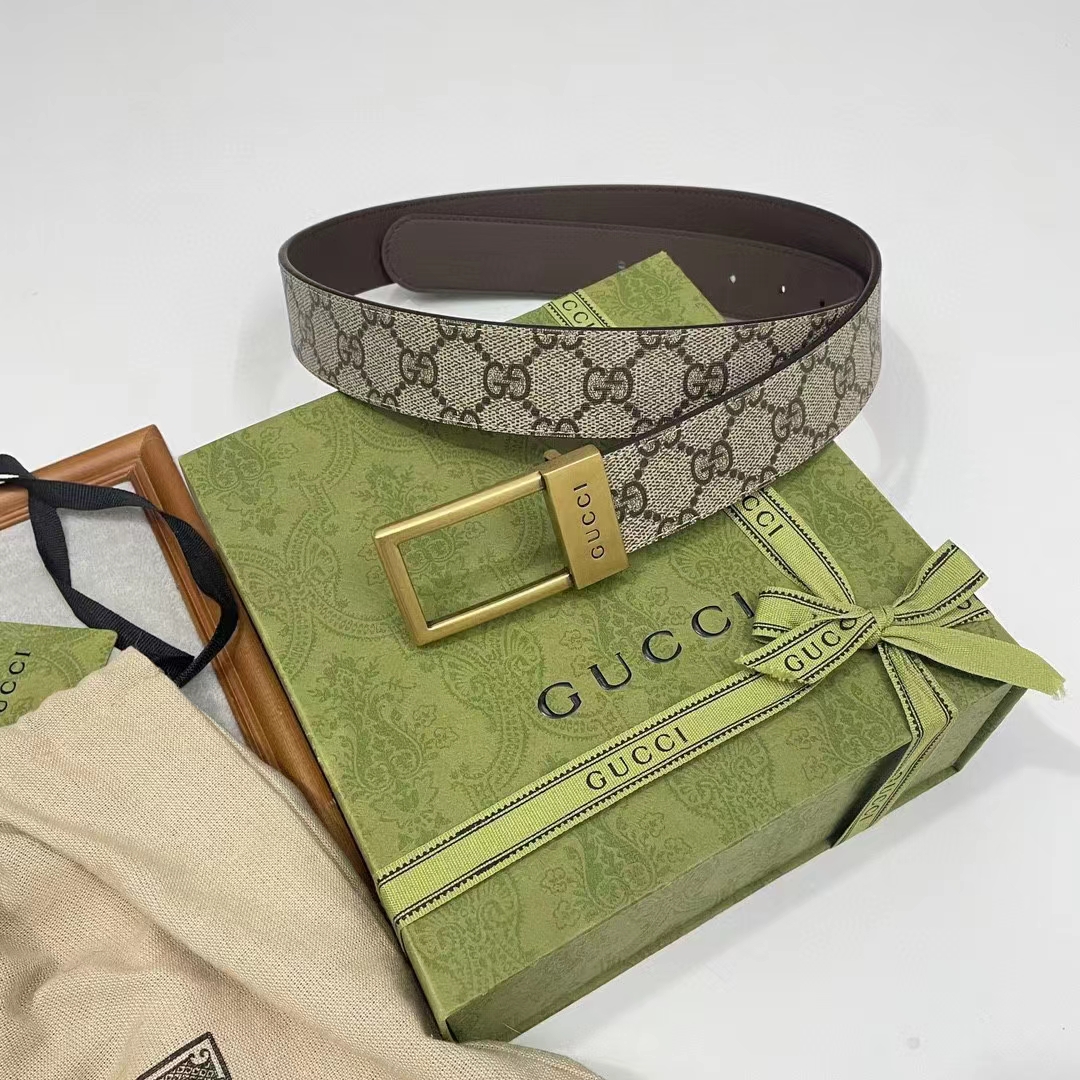 Gucci Unisex Belt Rectangular Buckle Beige Ebony GG Supreme Canvas 3.6 CM Width