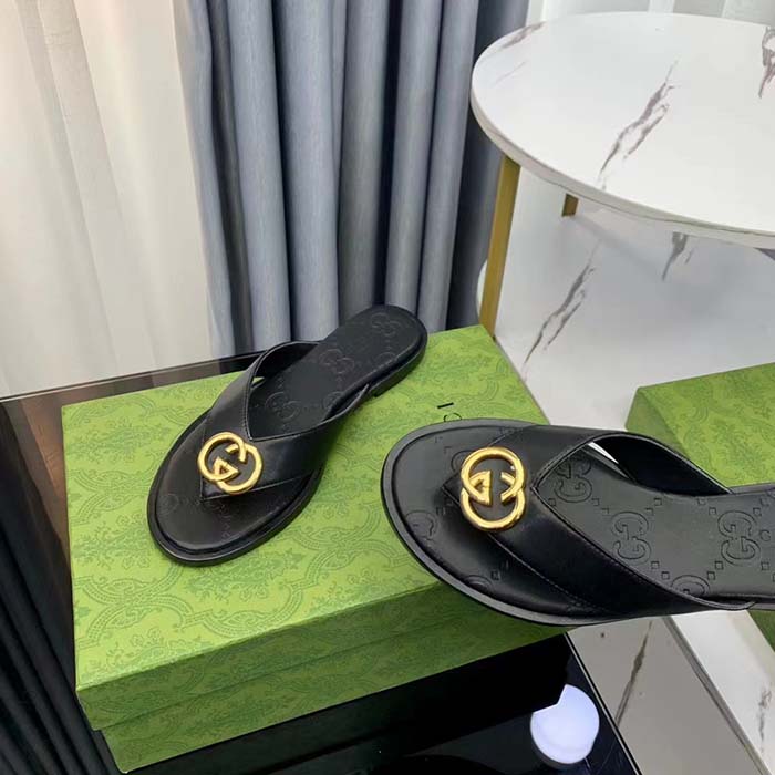 Gucci Unisex GG Interlocking G Thong Sandal Black Leather Flat