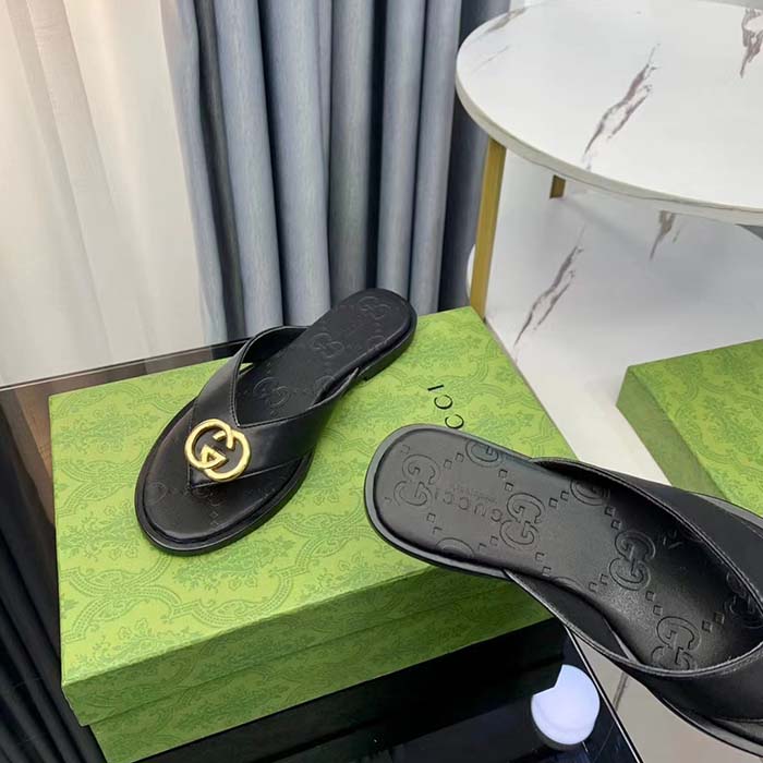 Gucci Unisex GG Interlocking G Thong Sandal Black Leather Flat
