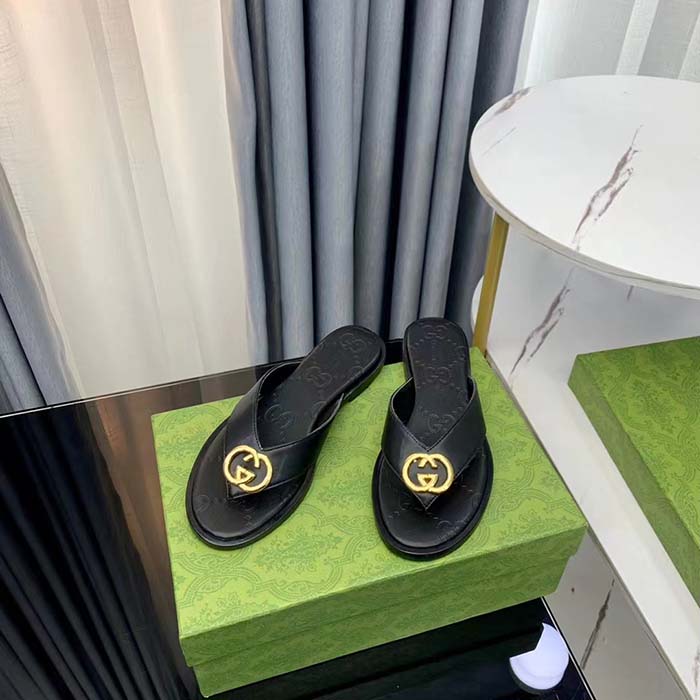 Gucci Unisex GG Interlocking G Thong Sandal Black Leather Flat