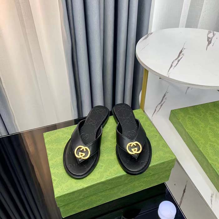 Gucci Unisex GG Interlocking G Thong Sandal Black Leather Flat