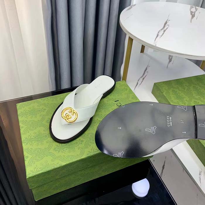 Gucci Unisex GG Interlocking G Thong Sandal White Leather Flat