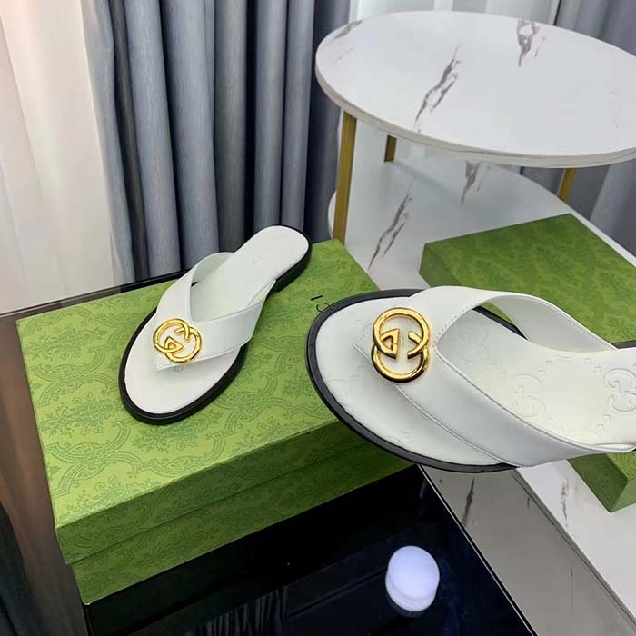 Gucci Unisex GG Interlocking G Thong Sandal White Leather Flat