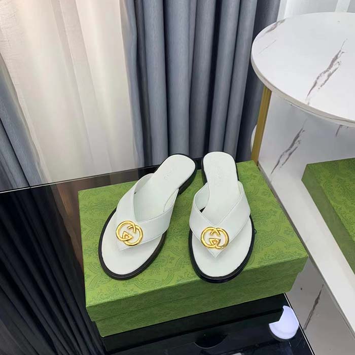 Gucci Unisex GG Interlocking G Thong Sandal White Leather Flat