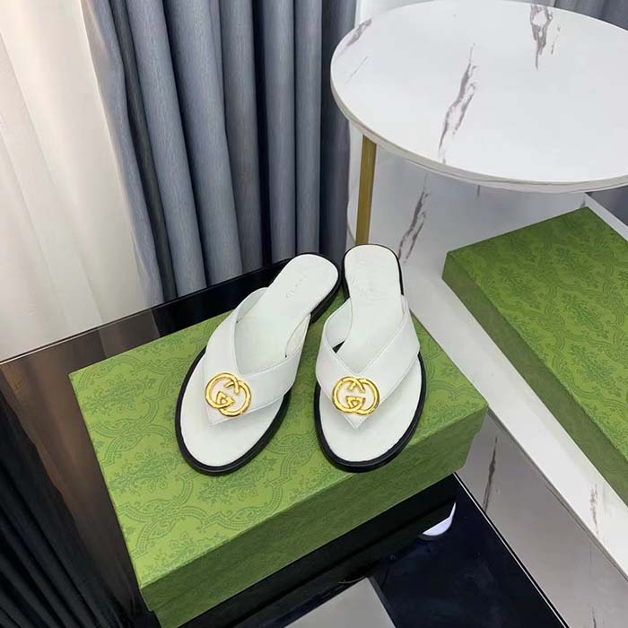 Gucci Unisex GG Interlocking G Thong Sandal White Leather Flat