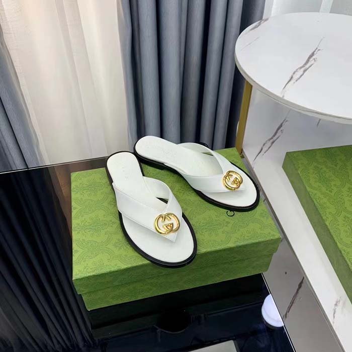 Gucci Unisex GG Interlocking G Thong Sandal White Leather Flat