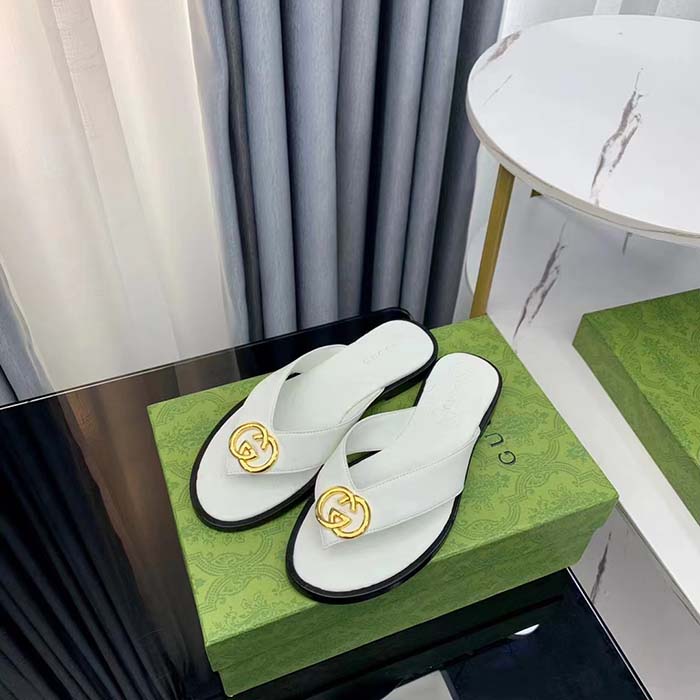 Gucci Unisex GG Interlocking G Thong Sandal White Leather Flat
