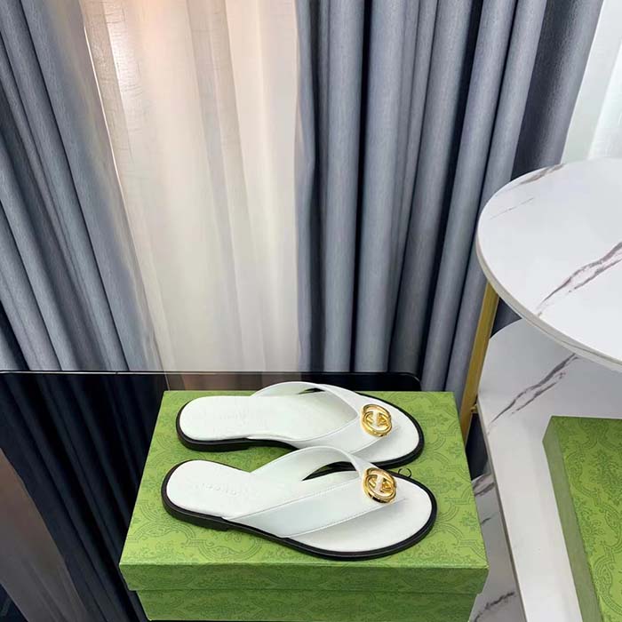Gucci Unisex GG Interlocking G Thong Sandal White Leather Flat