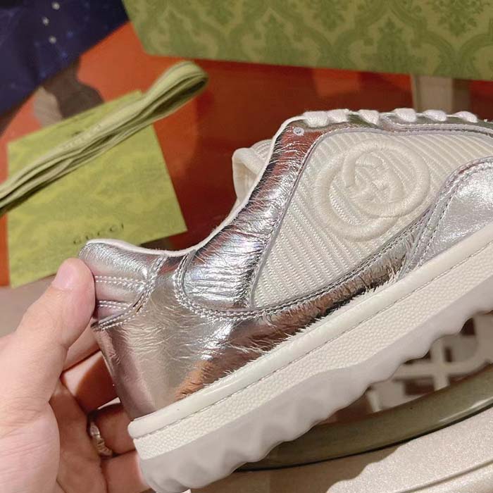 Gucci Unisex GG MAC80 Sneaker Metallic Silver Leather Fabric Round Toe Rubber Flat
