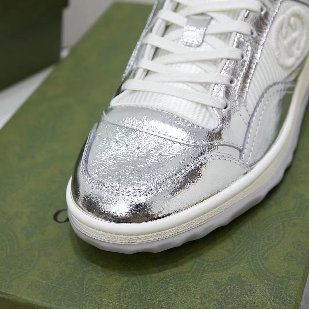 Gucci Unisex GG MAC80 Sneaker Metallic Silver Leather Round Toe Rubber Flat