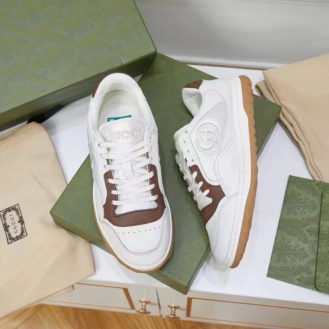 Gucci Unisex GG MAC80 Sneaker Off White Brown Leather Round Toe Rubber Flat