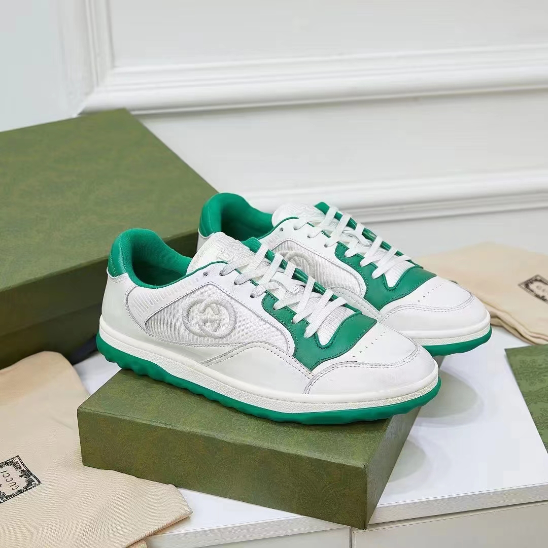 Gucci Unisex GG MAC80 Sneaker Off White Green Leather Round Toe Rubber Flat