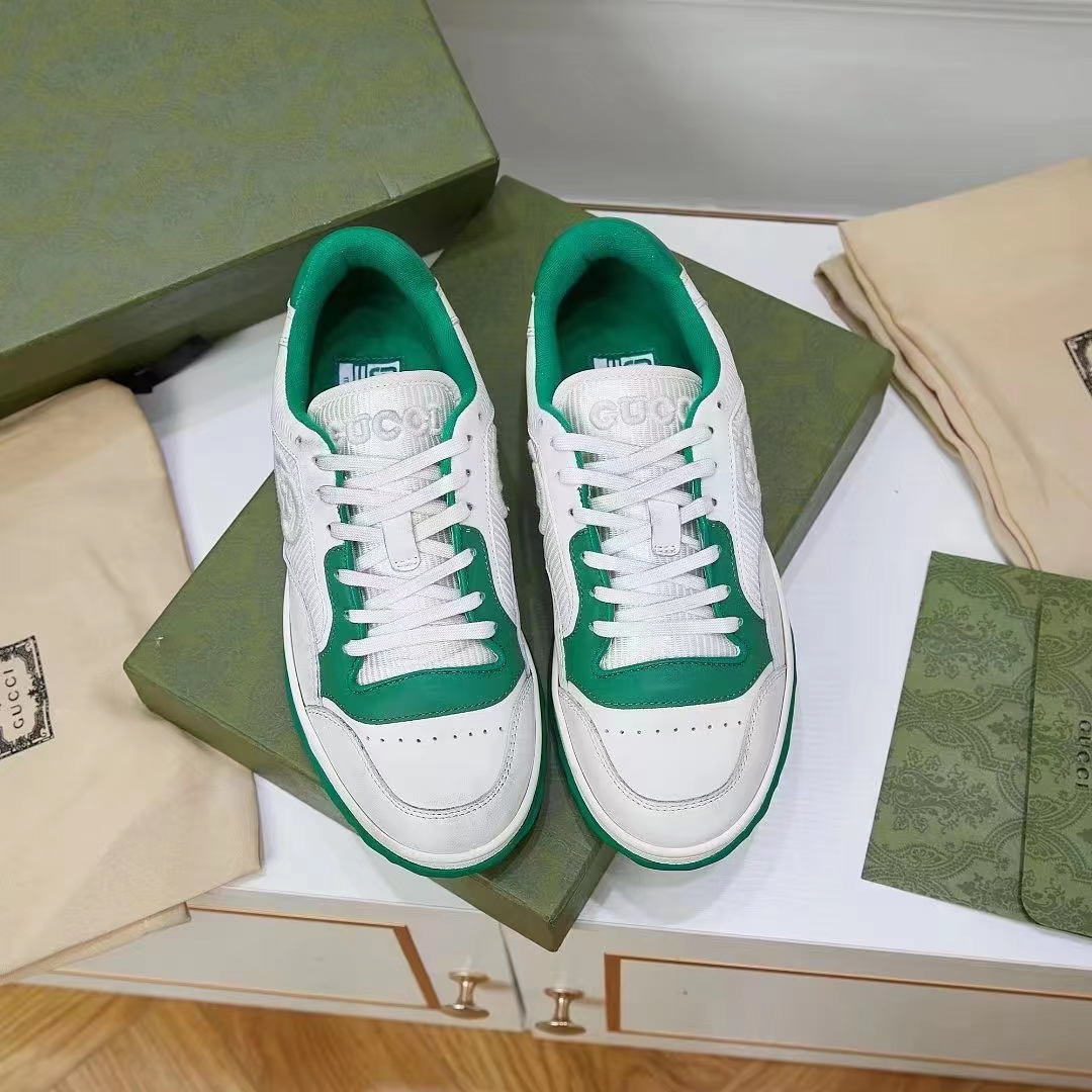 Gucci Unisex GG MAC80 Sneaker Off White Green Leather Round Toe Rubber Flat
